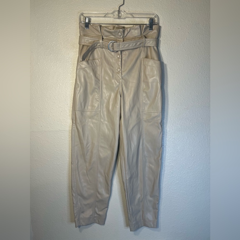 House of Harlow 1960 Cream Faux Leather Paperbag Belted Cropped Pants